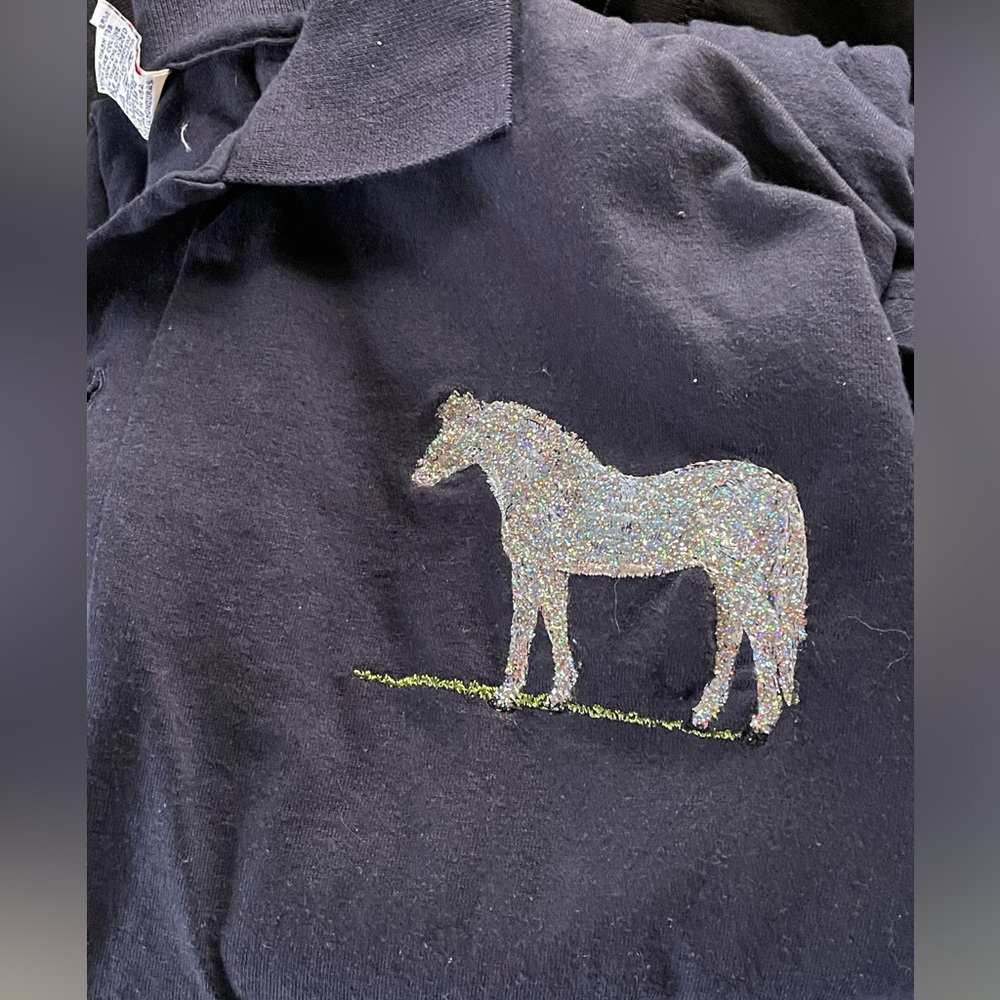 Black Shirt with embroidered large 3.5 inche Glitter Horse Design